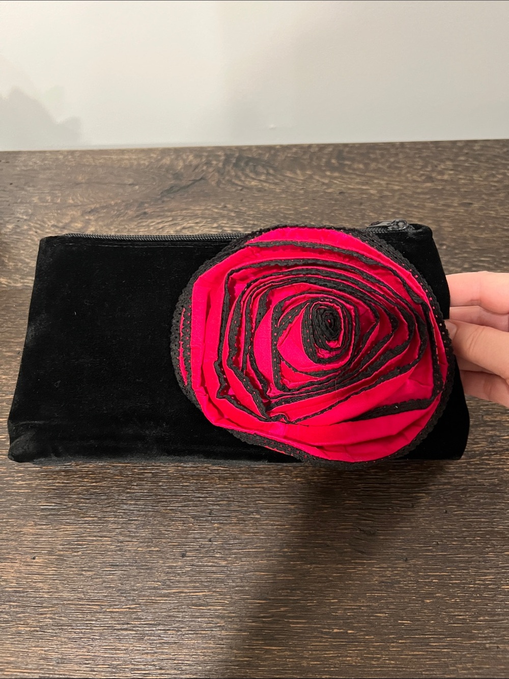 Black Velvet Clutch with Fabric Pink Rose Appliqué
